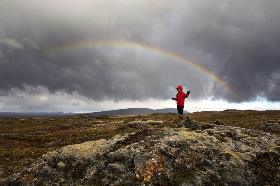 A landscape view of a rainbow appearing on Iceland’s Laugavegur trek. (Michael Fersch/Caters News Agency)