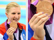 Nail art! This trend started at Vancouver 2010, when local gal Christina Culver painted Australian gold medal snowboarder Torah Bright’s nails gold—and they then appeared on an Australian postage stamp. This time around, there are stars, stripes, decals, and Union Jacks aplenty. Rebecca Adlington; Photos by Keystone Press