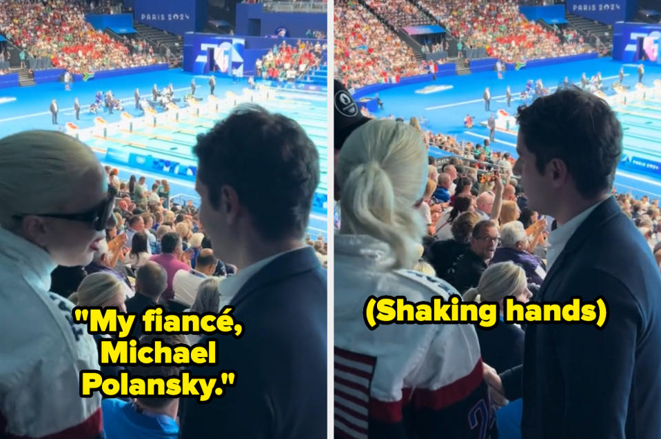 Lady Gaga and Michael Polansky attend an indoor swimming event. Lady Gaga wears a ponytail and dark sunglasses. Captions read, "My fiancé, Michael Polansky," and "(Shaking hands)."