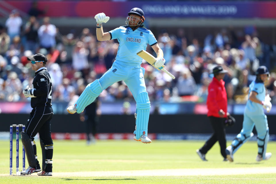 CHESTER-LE-STREET, ENGLAND - JULY 03: Jonny Bairstow of England celebrates reaching his century during the Group Stage match of the ICC Cricket World Cup 2019 between England and New Zealand at Emirates Riverside on July 03, 2019 in Chester-le-Street, England (Photo by Michael Steele/Getty Images)