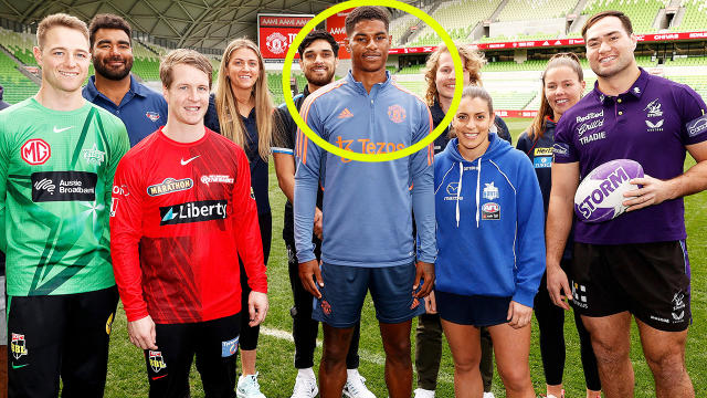 Marcus Rashford, pictured here posing for a photo at AAMI Park in Melbourne.
