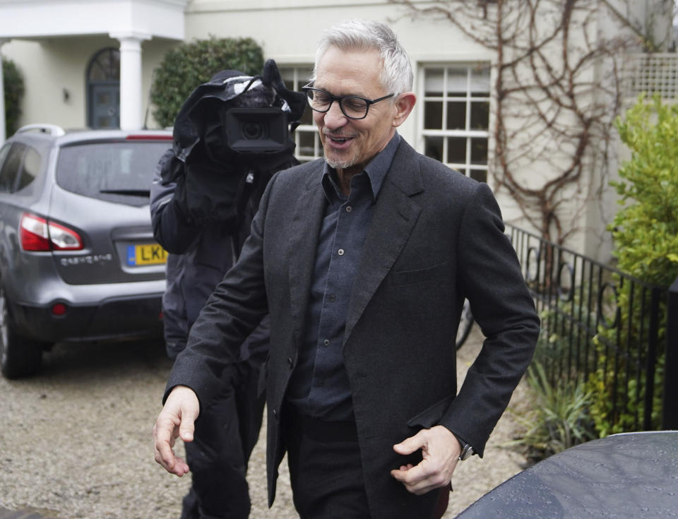 Soccer pundit Gary Lineker leaves his home following reports that the BBC is to have a "frank conversation" with the ex-England striker after comments he made on the government's new asylum policy that aims to bar people from seeking asylum if they arrive in the U.K., in London, Thursday March 9, 2023. Lineker drew a mix of praise and criticism for saying some of the government’s language was “not dissimilar to that used by Germany in the '30s.”(James Manning/PA via AP)