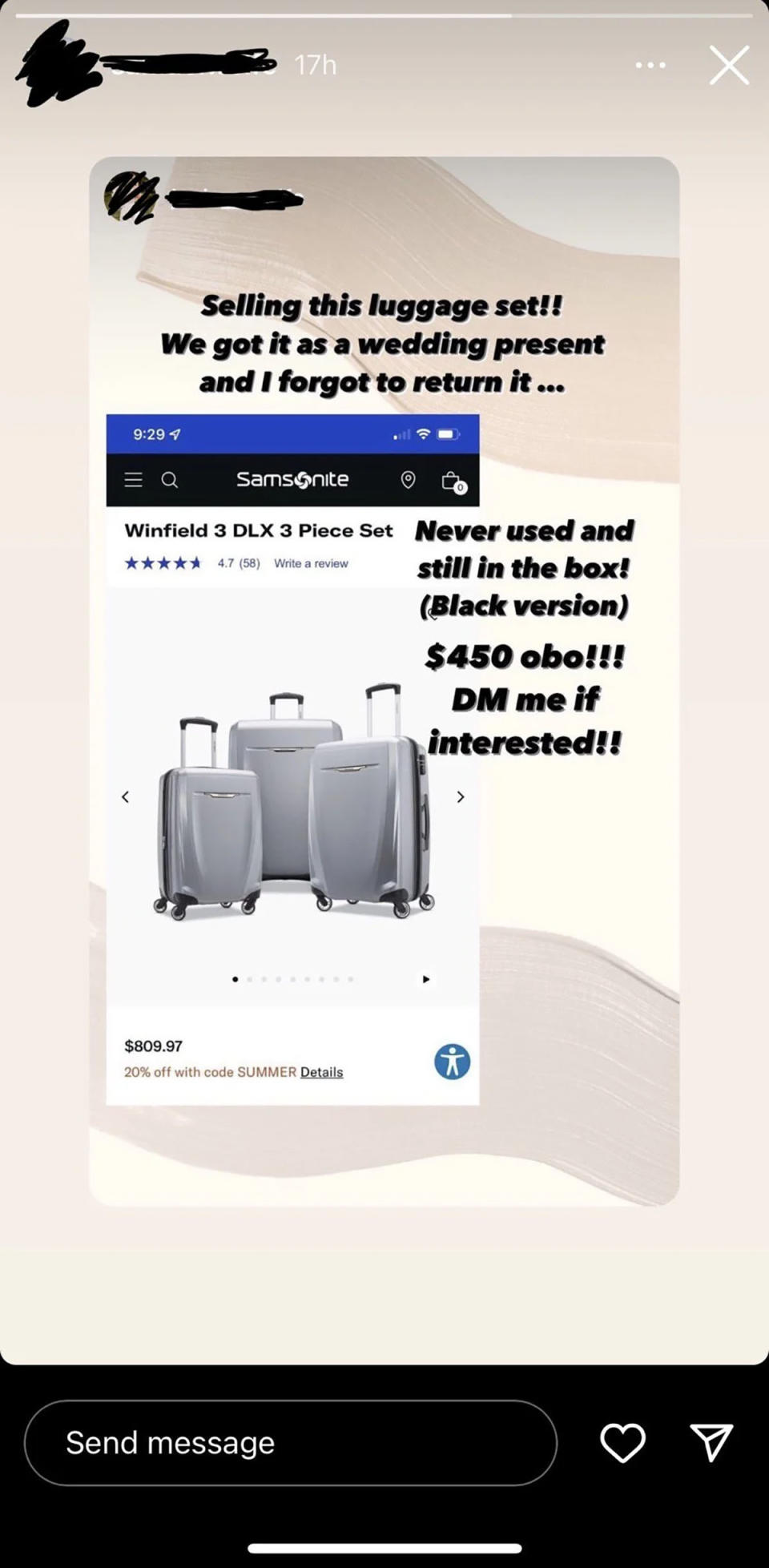 Screenshot of an Instagram story showing a Samsonite luggage set for sale