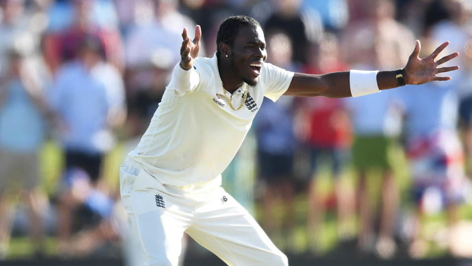 Jofra Archer asking the umpire for a wicket during the match against New Zealand.