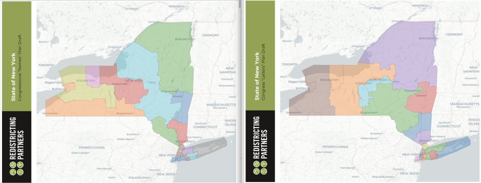 The state Independent Redistricting Commission released two maps Wednesday, Sept. 15, 2021, that are the proposed new district lines for Congress. New York will lose one seat. On the left, Republicans proposed cutting a Hudson Valley district; on the right, Democrats proposed doing away with a Southern Tier district