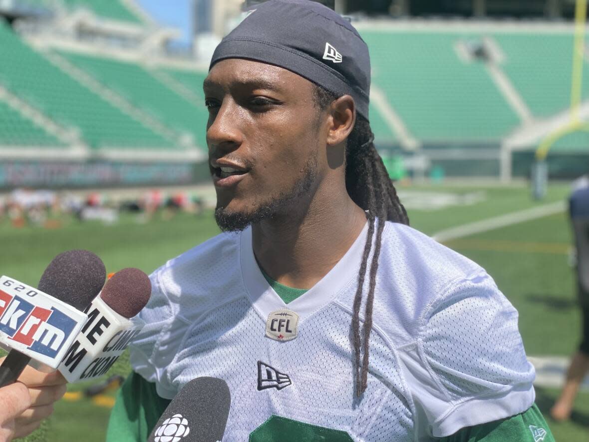 Derel Walker will make his regular season debut for the Saskatchewan Roughriders against his former team on Sunday in Edmonton. (Adam Hunter/CBC - image credit)