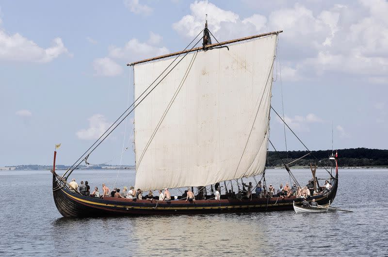 FILE PHOTO: The replica of a Viking ship, the 30 m long Havhingsten (Seastallion), sails into the fjord of Roskilde