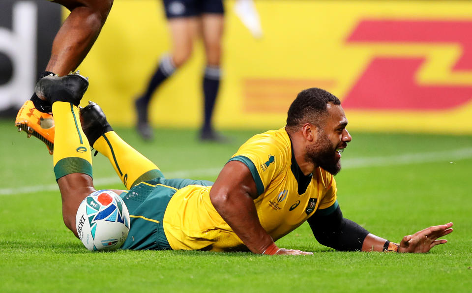 Samu Kerevi of Australia grounds the ball to score his side's fifth try. (Credit: Getty Images)