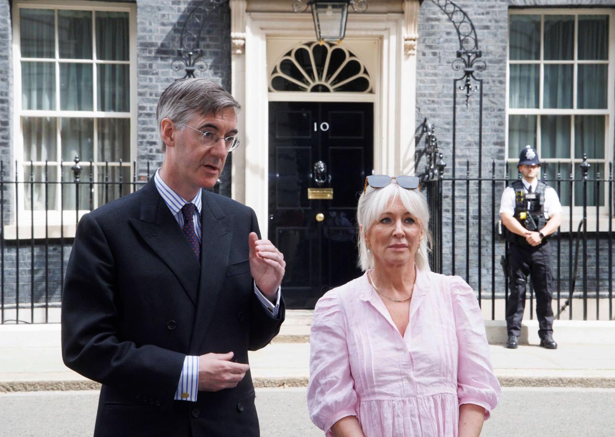 Jacob Rees-Mogg, Minister of State (Minister for Brexit Opportunities and Government Efficiency) and Nadine Dorries, Secretary of State for Digital, Culture, Media and Sport, give an interview where they pledge their support for Liz Truss as the Conservative candidate