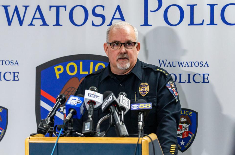 Wauwatosa Police Chief James MacGillis speaks with media on Wednesday, April 6, 2022.