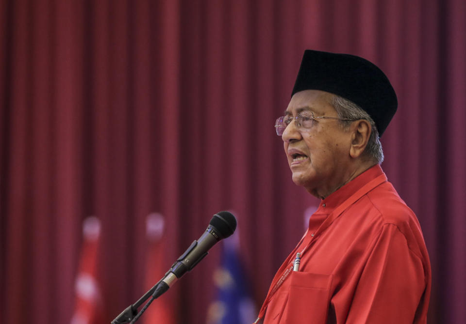 Parti Pribumi Bersatu Malaysia (PPBM) chairman Tun Dr Mahathir Mohamad speaks during Bersatu special assembly, at Malaysia Exposition Park Serdang (MAEPS), Serdang July 20, 2019. — Picture by Firdaus Latif