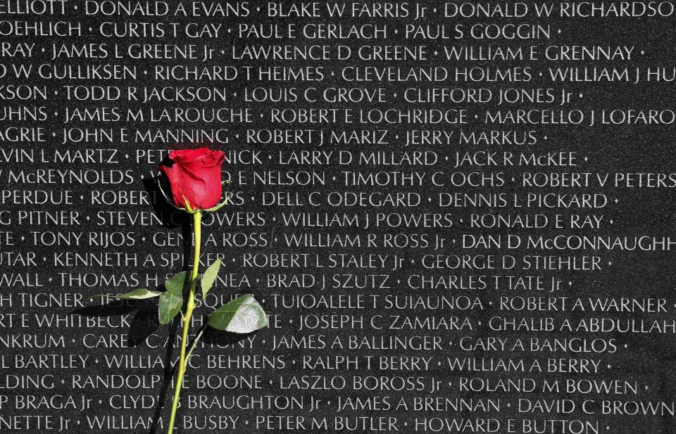 A rose is left at the Vietnam Veterans Memorial on Veterans Day in Washington