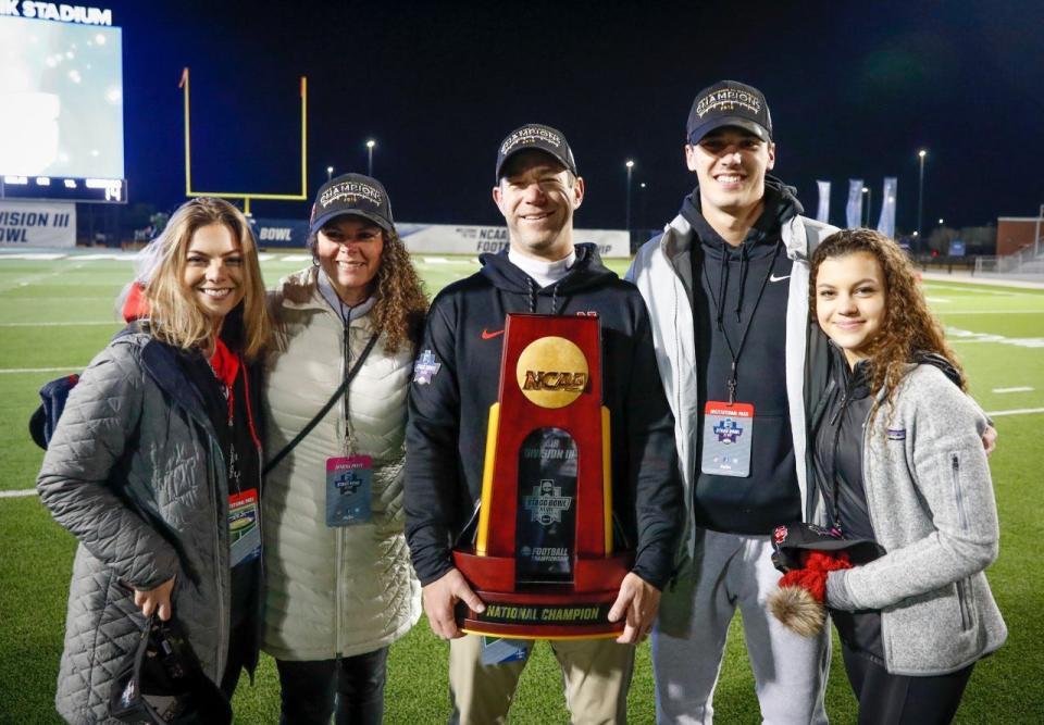 Payton Thorne and his family following North Central College's 41-14 win over Wisconsin-Whitewater to win the 2019 Division III national championship.