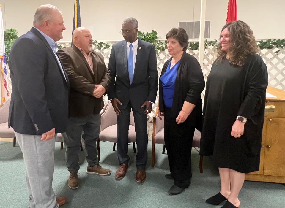 From left, Glencoe City Council member Jeff Little, Mayor Chris Hare, state USDA Director Nivory Gordon Jr., Deputy Director Marsha Johnson and Leah Taylor, the agency's director for single-family housing, are pictured Oct. 18 at a luncheon at the Glencoe Senior Center marking the city's acceptance into the USDA Rural Development Program.