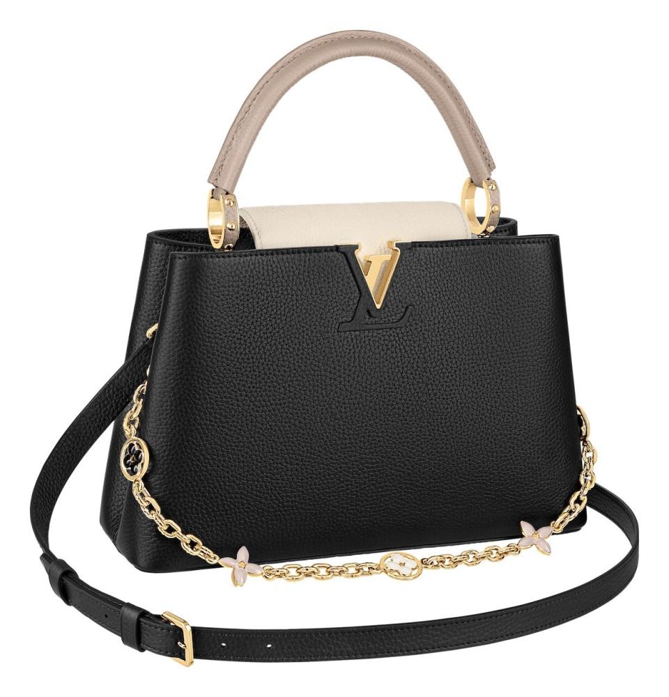 Louis Vuitton Capucines MM with metal chain adorned with flower charms in Black, Galet and Creme Nacre taurillonf