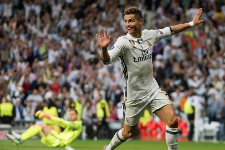 Real Madrid's forward Cristiano Ronaldo celebrates after scoring against Atletico Madrid on May 2, 2017