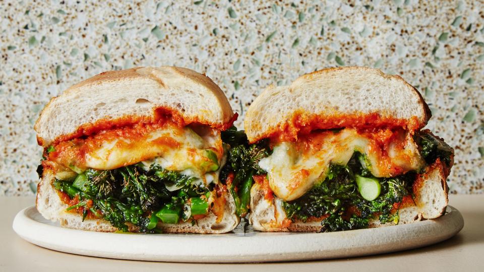 A healthyish take on the classic Philly cheesesteak, these party-ready sandwiches are packed with roasted broccolini, a thick, tangy romesco sauce, and of course, lots of cheese. You’ve heard it before, and you may not believe us until you’ve tried them, but you won’t miss the meat. This recipe was developed by <a rel="nofollow noopener" href="http://www.roostersoupcompany.com/" target="_blank" data-ylk="slk:Rooster Soup Co.;elm:context_link;itc:0;sec:content-canvas" class="link ">Rooster Soup Co.</a> in Philadelphia, PA. <a rel="nofollow noopener" href="https://www.bonappetit.com/recipe/broccolini-cheesesteaks?mbid=synd_yahoo_rss" target="_blank" data-ylk="slk:See recipe.;elm:context_link;itc:0;sec:content-canvas" class="link ">See recipe.</a>