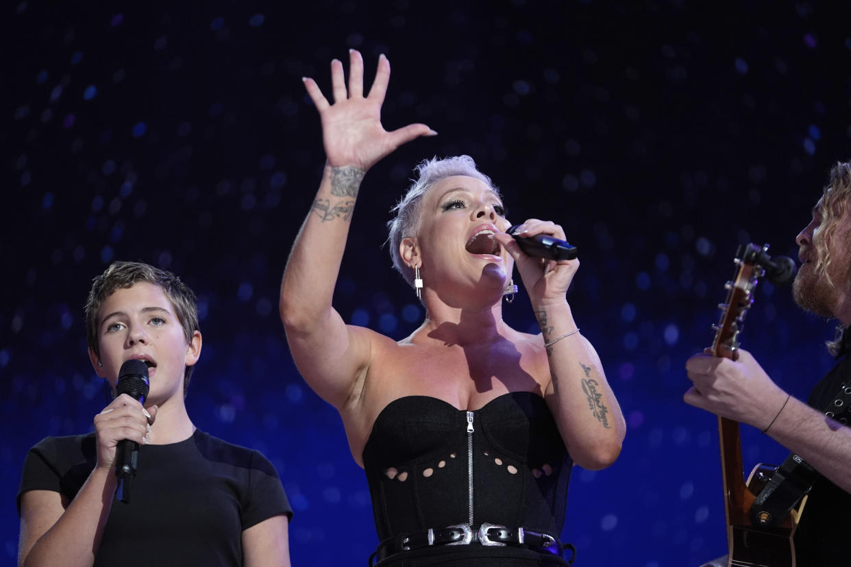 Pink and her daughter, Willow Sage Hart, left, perform during the Democratic convention.