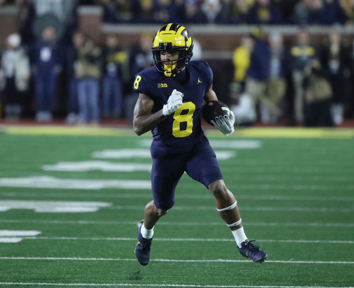 Michigan Wolverines wide receiver Tyler Morris makes a catch against the Purdue Boilermakers during the first half at Michigan Stadium, Saturday, Nov. 4, 2023.