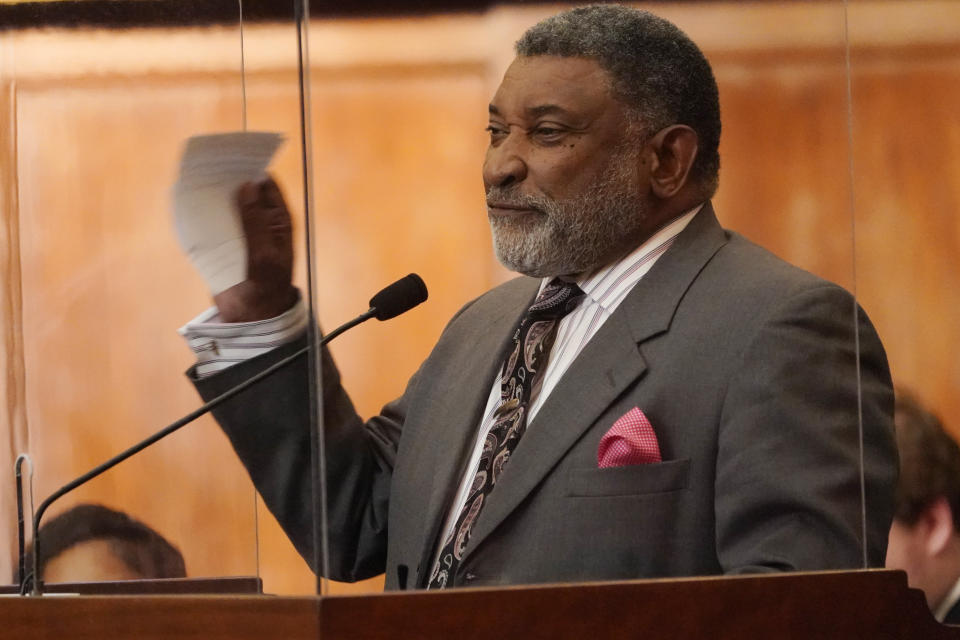 State Rep. Oscar Denton, D-Vicksburg, argues against legislation that would limit how race can be taught in schools and universities, Thursday, March 3, 2022, in the House Chamber at the Mississippi Capitol in Jackson. Black lawmakers raised concerns that if the bill becomes law, it would stifle honest lessons about racism. The white lawmaker who explained the bill said repeatedly that it would not prevent the teaching of history, but would only prevent teaching that any person is superior or inferior because of race, sex or national origin. (AP Photo/Rogelio V. Solis)