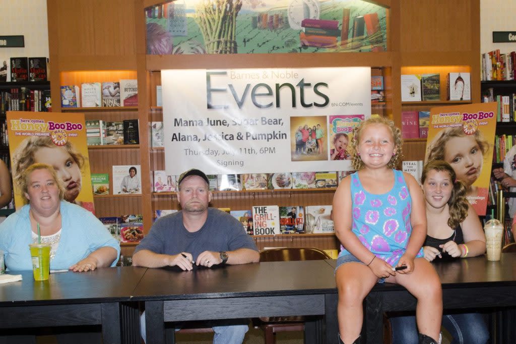 MCLEAN, VA- July 11: June "Mama" Shannon, Mike "Sugar Bear" Thompson, Alana "Honey Boo Boo" Thompson, Anna "Chickadee" Shannon and Lauryn "Pumpkin" Shannon attend the "How to Honey Boo Boo: The Complete Guide" Book Event at the Barnes and Nobles on July 11, 2013 in Mclean, Virginia. (Photo by Kris Connor/Getty Images)