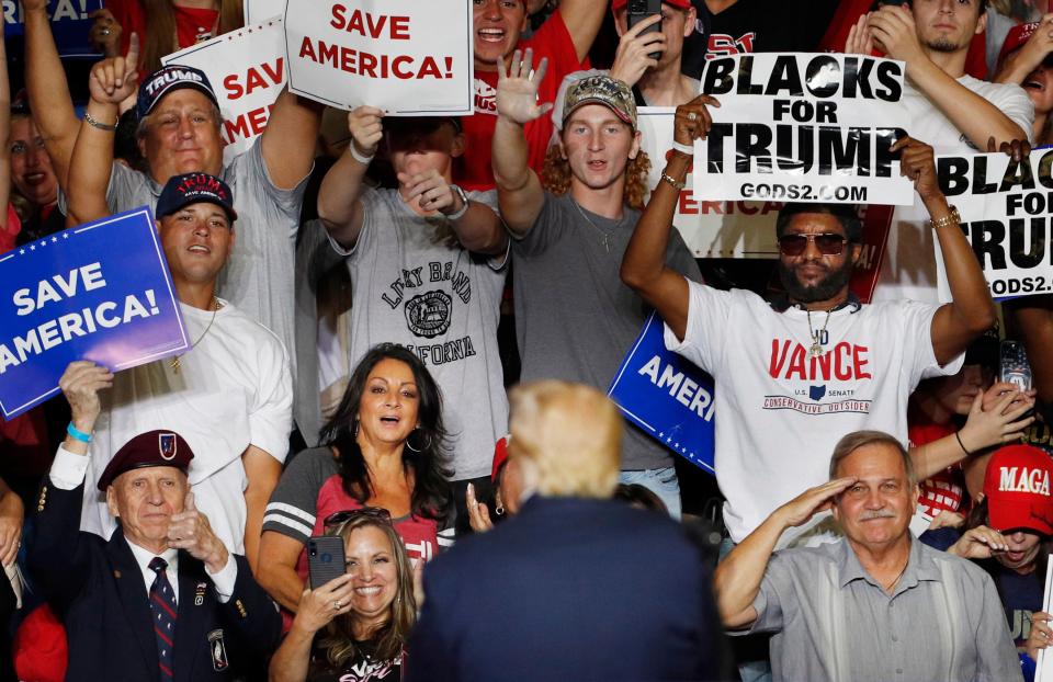 Supporters of former US President Donald Trump cheer during a Save America rally at the Covelli Centre in Youngstown, Ohio, USA, 17 September 2022 (EPA)