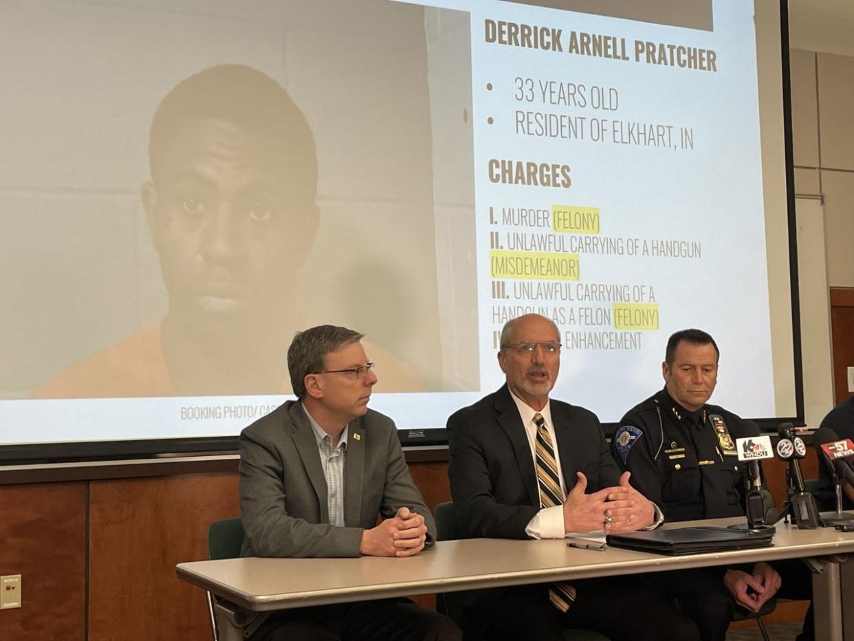 From left, South Bend Mayor James Mueller, St. Joseph County Prosecutor Ken Cotter and South Bend Chief of Police Scott Ruszkowski discuss murder charges filed against Derrick Pratcher related to the shooting death of a security guard in a South Bend parking garage.