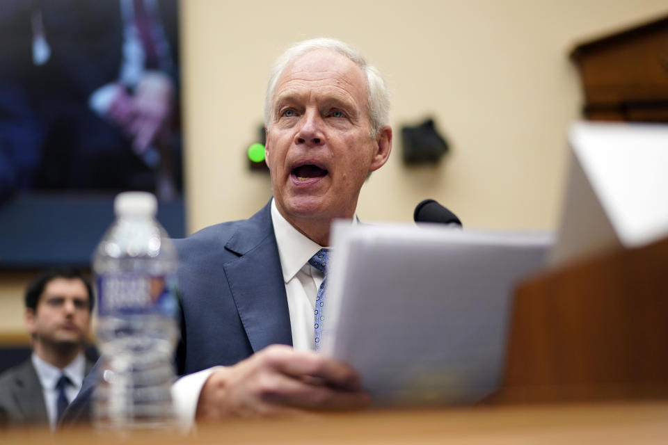 Sen. Ron Johnson, R-Wis., testifies during a House Judiciary subcommittee hearing on what Republicans say is the politicization of the FBI and Justice Department and attacks on American civil liberties, on Capitol Hill, Thursday, Feb. 9, 2023, in Washington. (AP Photo/Carolyn Kaster)