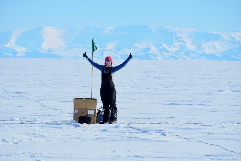 Chloe Gustafson, one of the scientists, with one of the team’s sensors (Kerry Key/Columbia University)