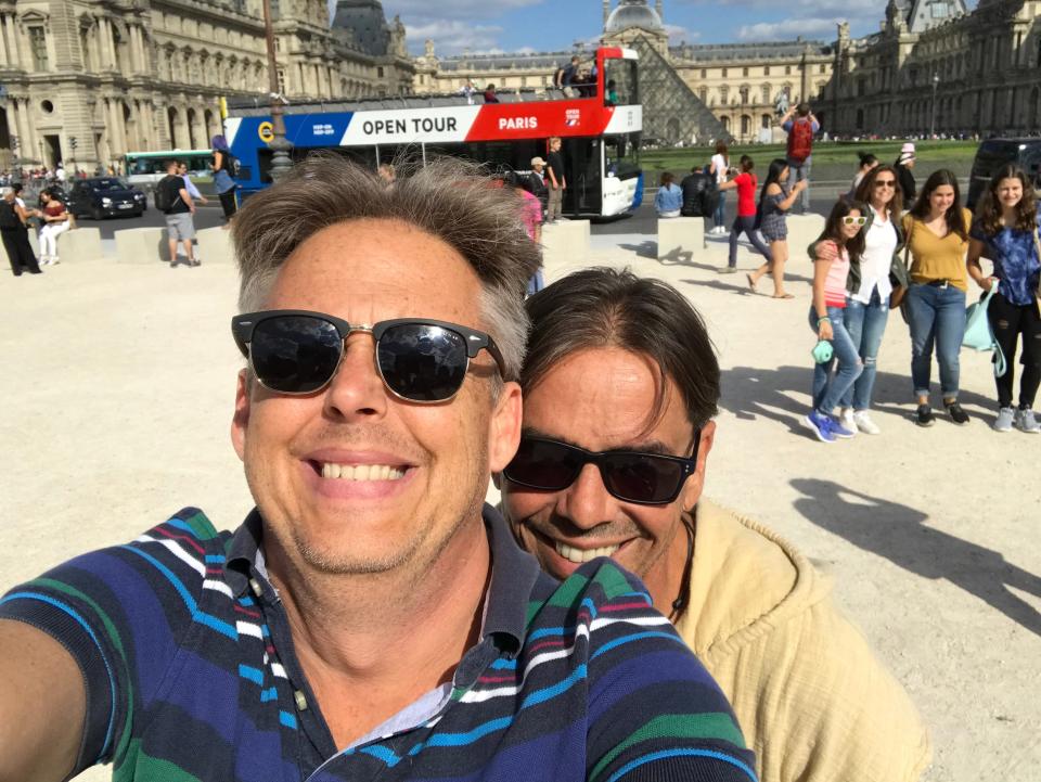Don Price Diaz Johnston and Jorge Diaz Johnston pose for a selfie during a 2018 trip to Paris. Jorge and Don were among several gay couples who challenged Florida's ban on same-sex marriage and won major court victories in 2014. Jorge was found dead Jan. 8, the victim of a homicide.