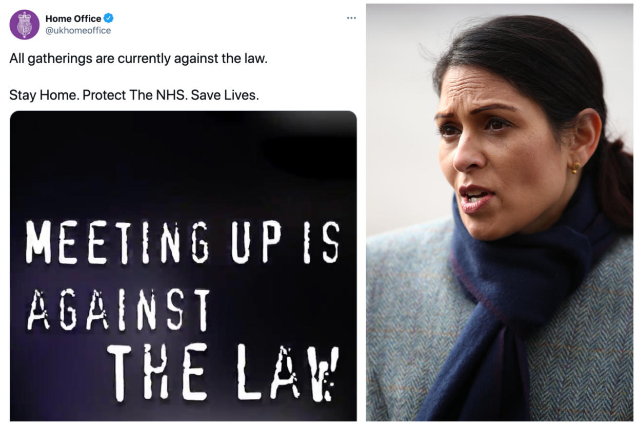 Priti Patel's Home Office has been accused of 'grossly misstating the law' by tweeting 'all gatherings are illegal'. (Twitter/Getty Images)