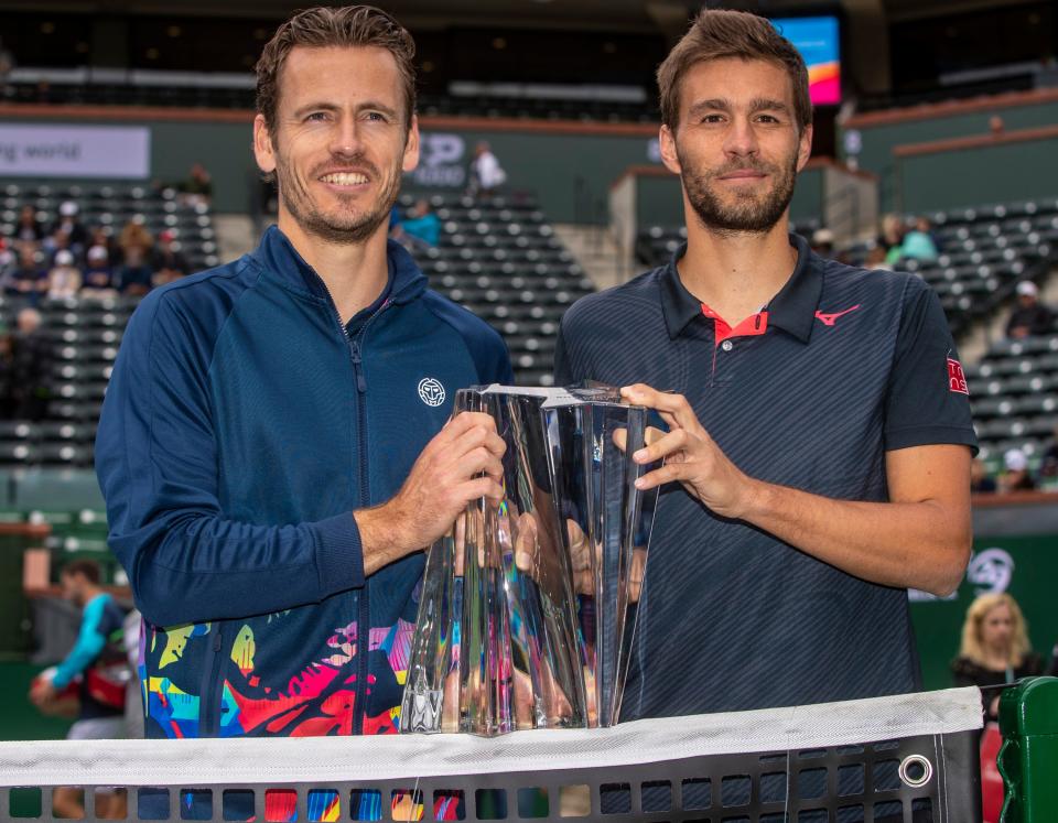 2024 Doubles Champions Wesley Koolhof (left) and Nikola Mektic pose for a photo together after winning the ATP doubles final of the BNP Paribas Open in Indian Wells, Calif., Friday, March 15, 2024.