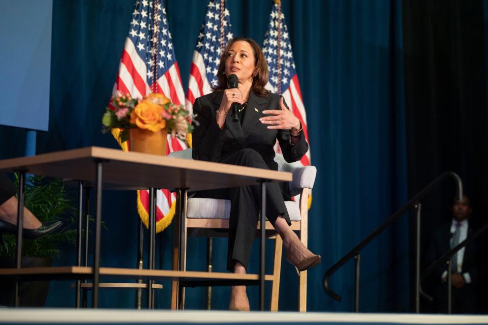 Vice President Kamala Harris speaks at a campaign event focused on abortion rights on Wednesday, July 17, 2024, in Portage, Mich. After President Joe Biden announced on Sunday, July 21, 2024, he wouldn't seek reelection, he endorsed Harris for the Democratic nomination.