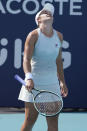 Ashleigh Barty, of Australia, reacts to a point against Kristina Kucova, of Slovenia, during the Miami Open tennis tournament, Thursday, March 25, 2021, in Miami Gardens, Fla. (AP Photo/Marta Lavandier)