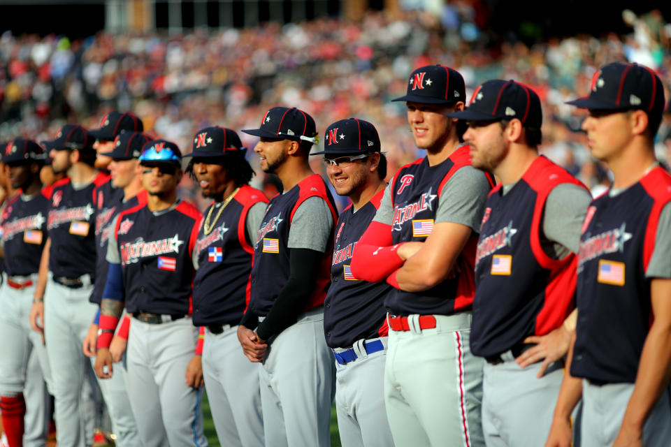 CLEVELAND, OH - JULY 07:  Members of the National League Futures Team are seen on the base path during player introductions prior to the SiriusXM All-Star Futures Game at Progressive Field on Sunday, July 7, 2019 in Cleveland, Ohio. (Photo by Alex Trautwig/MLB Photos via Getty Images)