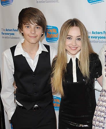 August Maturo, Sabrina Carpenter, Rowan Blanchard, Corey Fogelmanis, and Peyton Meyer pose on a red carpet at an event for The Actors Fund