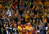 Football Soccer - Australia vs United Arab Emirates - 2018 World Cup Qualifying Asian Zone - Group B - Sydney Football Stadium, Sydney, Australia - 28/3/17 - Australia's Mathew Leckie (C) celebrates with teammates after a goal against UAE. REUTERS/David Gray