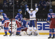 Buffalo Sabres' Dylan Cozens (24 )s celebrates a second-period goal by Tobias Rieder, not seen, against the New York Rangers in an NHL hockey game Tuesday, March 2, 2021, in New York. (Bruce Bennett/Pool Photo via AP)