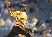 May 20, 2018; Pittsburgh, PA, USA; Pittsburgh Pirates relief pitcher Felipe Vazquez (73) pitches against the San Diego Padres during the ninth inning at PNC Park. The Padres won 8-5. Mandatory Credit: Charles LeClaire-USA TODAY Sports