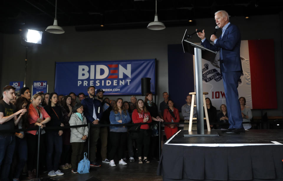 Former Vice President and Democratic presidential candidate Joe Biden speaks during a rally, Wednesday, May 1, 2019, in Iowa City, Iowa. (AP Photo/Charlie Neibergall)