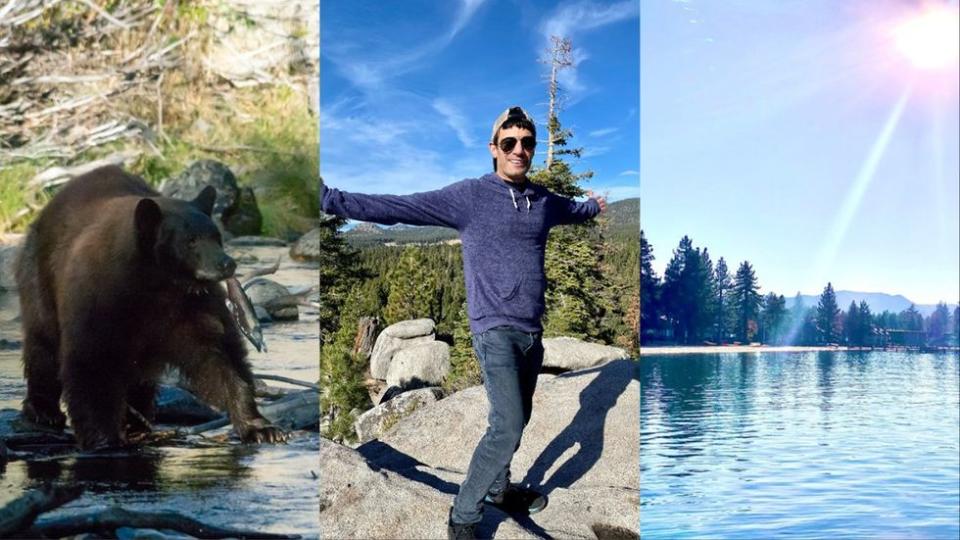 A resident black bear fishes Taylor Creek in the Lake Tahoe Basin; Joey Amato revels in Van Sickle Bi-State Park in Lake Tahoe