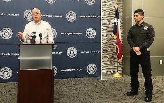 Ruben Garcia, executive director of Annunciation House, and Deputy Fire Chief Jorge Rodriguez, city Emergency Management coordinator, talk about immigrants being dumped by federal agents at an El Paso bus station during a Dec. 28 press conference.