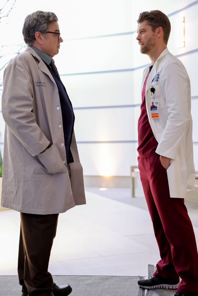 oliver platt as dr daniel charles, luke mitchell as dr mitch ripley in chicago med, season 9