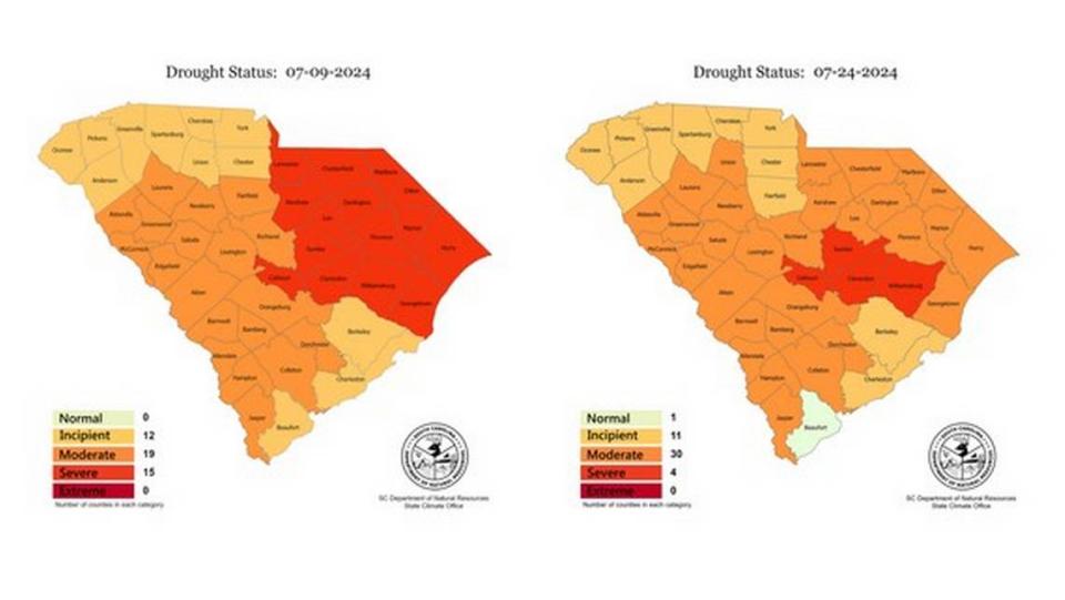 Drought map status for South Carolina counties as of July 24, 2024.