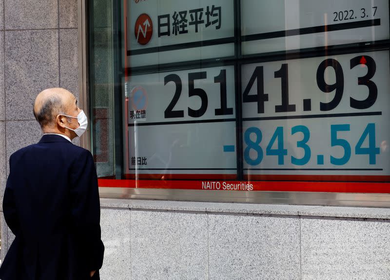 A man wearing a protective mask, amid the coronavirus disease (COVID-19) outbreak, looks at an electronic board displaying Japan's Nikkei index outside a brokerage in Tokyo