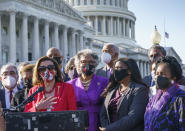 From left, House Speaker Nancy Pelosi, D-Calif., joins Rep. Joyce Beatty, D-Ohio, Rep. Cori Bush, D-Mo., Rep. Sheila Jackson Lee, D-Tex., and the other members of the Congressional Black Caucus, to make a statement on the verdict in the murder trial of former Minneapolis police Officer Derek Chauvin in the death of George Floyd, on Capitol Hill in Washington, Tuesday, April 20, 2021. (AP Photo/J. Scott Applewhite)