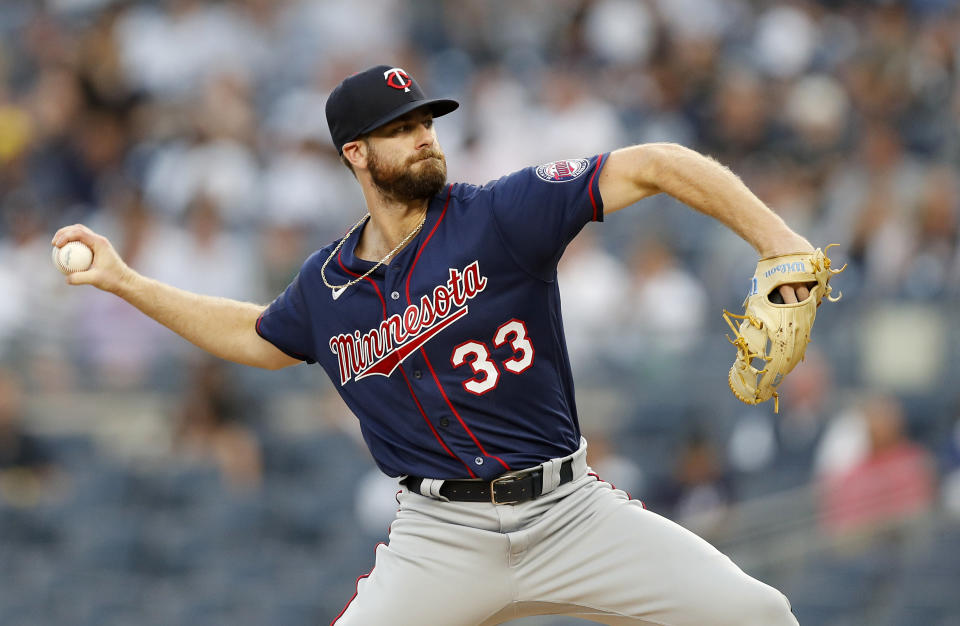 NEW YORK, NEW YORK - AUGUST 19:  John Gant #33 of the Minnesota Twins in action against the New York Yankees at Yankee Stadium on August 19, 2021 in New York City. The Yankees defeated the Twins 7-5. (Photo by Jim McIsaac/Getty Images)