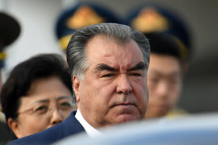 Tajikistan's President Emomali Rahmon arrives at Beijing airport ahead of the Belt and Road Forum in Beijing, China, April 25, 2019. Greg Baker/Pool via REUTERS