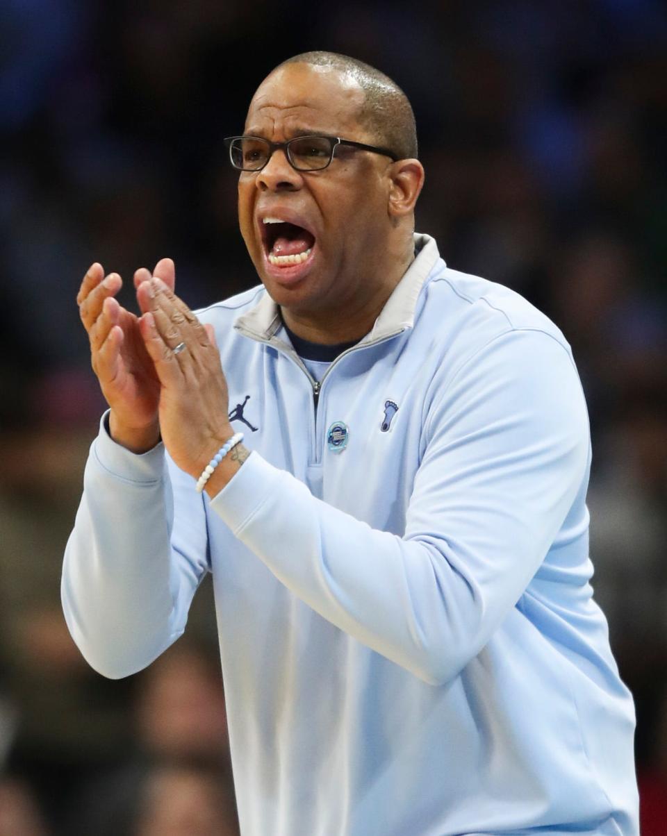 North Carolina’s Hubert Davis works in the second half of the Peacocks’ 69-49 loss to UNC in the Elite Eight round of the NCAA tournament at the Wells Fargo Center in Philadelphia, Sunday, March 27, 2022.
