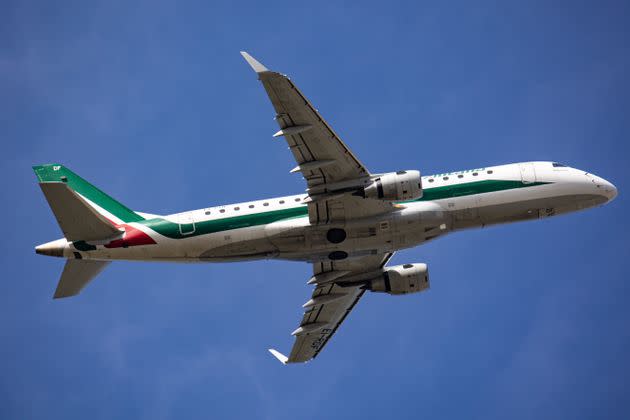 Alitalia Cityliner Embraer ERJ-175 aircraft as seen during takeoff and flying from Amsterdam AMS EHAM Schiphol airport to Italy. The regional airplane has the registration EI-RDF and the name Parco Naturale Dolomiti Friulane. Alitalia is the Italian flag carrier and largest airline of Italy, a member of SkyTeam aviation group. Italy and the European Commission are in negotiations to rescue and restructure the airline, through a new state-owned company called ITA, so the EU will approve the government cash injection of 3 billion euro. The world aviation passenger traffic numbers declined due to the travel restrictions, safety measures such as lockdowns, quarantine etc during the era of the Covid-19 Coronavirus pandemic that hit hard the aviation and travel industry. Amsterdam, Netherlands on April 1, 2021 (Photo by Nicolas Economou/NurPhoto via Getty Images) (Photo: NurPhoto via Getty Images)